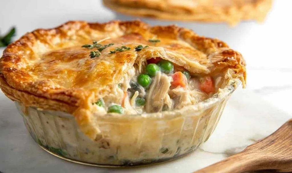 Chicken pot pie filling with vegetables in creamy gravy before baking