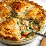 Slice of easy chicken pot pie showing layers of crust and filling