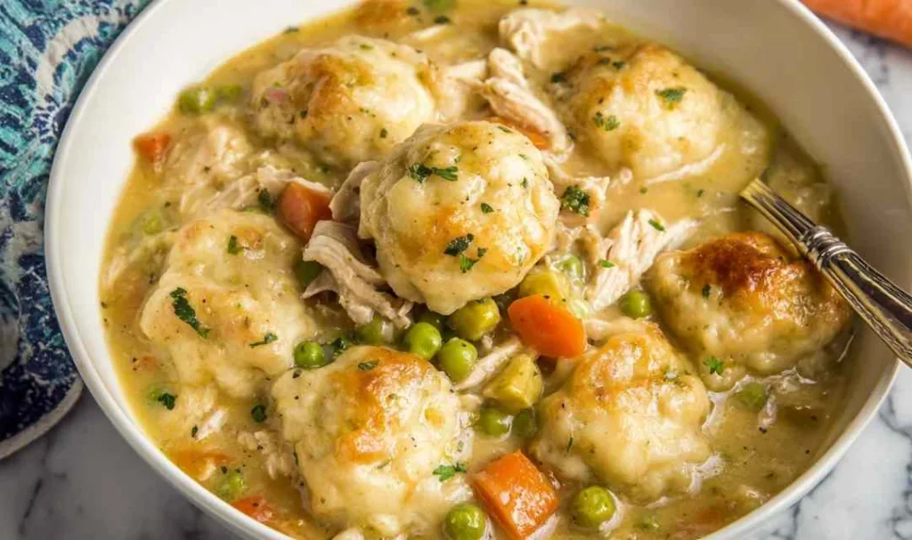 Making chicken and dumplings with biscuits being added to pot