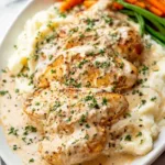 Close up of creamy garlic herb sauce coating chicken breast