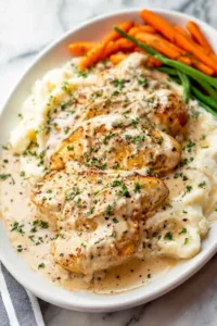 Close up of creamy garlic herb sauce coating chicken breast