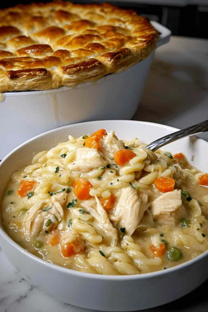 Easy creamy chicken pot pie served in bowl with fresh parsley garnish