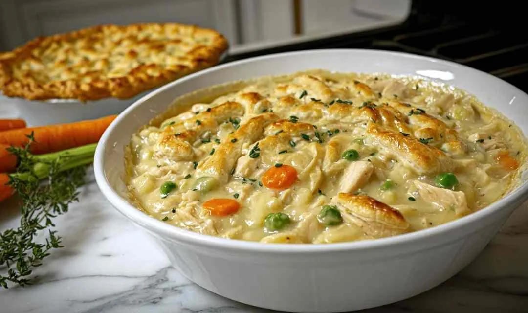 Close up of creamy chicken pot pie with orzo showing tender chicken and vegetables