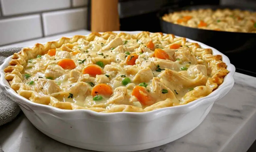 Close up of creamy chicken pot pie with orzo showing tender chicken and vegetables