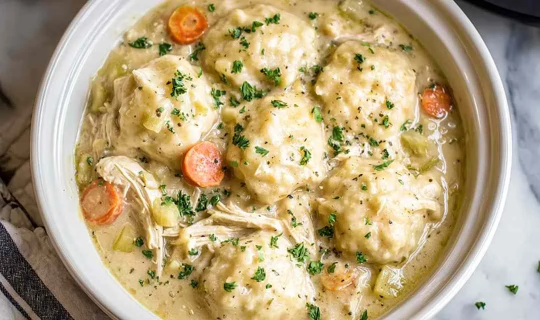 Crockpot chicken and dumplings with fluffy biscuits in creamy broth