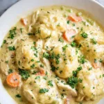 Bowl of homemade crockpot chicken and dumplings served hot