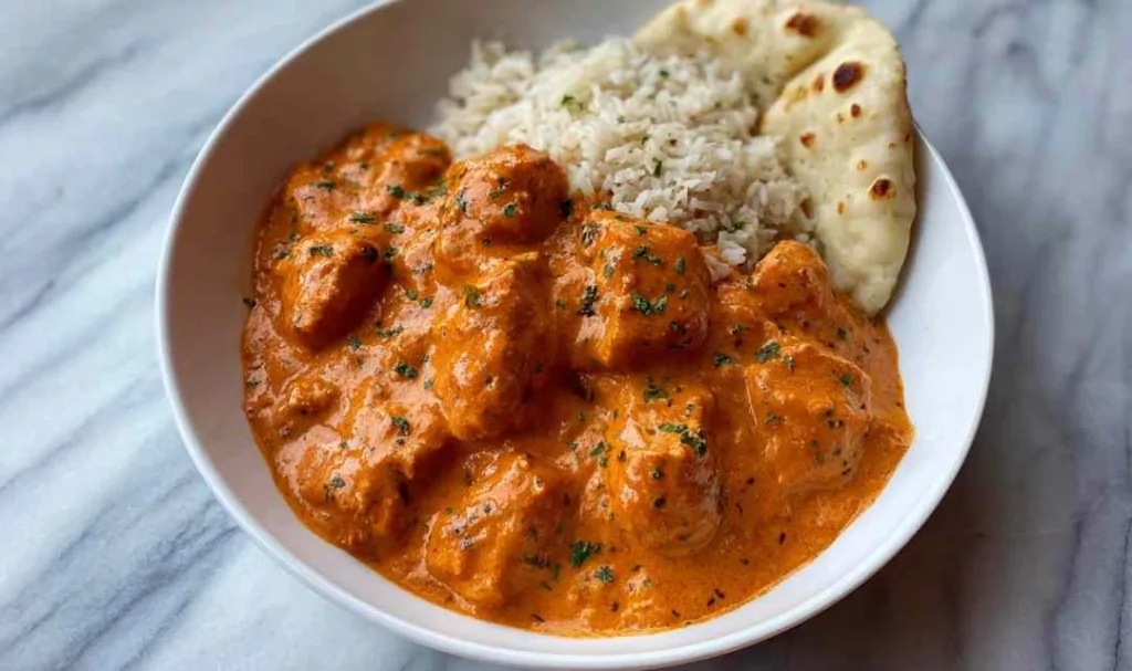 Creamy butter chicken recipe served in skillet with rice and naan bread