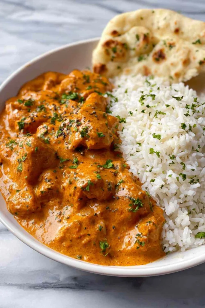 Creamy butter chicken recipe served in skillet with rice and naan bread
