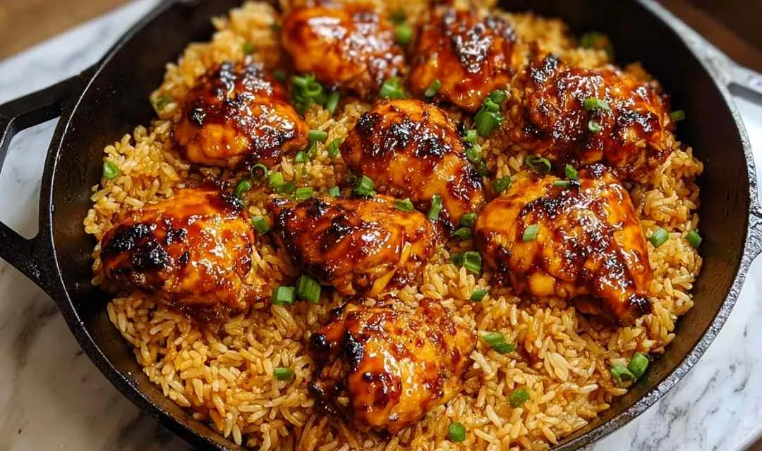 One-pan honey BBQ chicken and rice in a large skillet with golden glazed chicken thighs