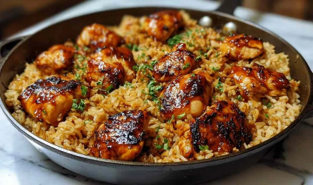 Searing seasoned chicken thighs in skillet for one-pan honey BBQ chicken and rice