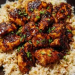 Plated serving of one-pan honey BBQ chicken and rice with fresh parsley garnish