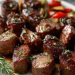 Close up of firecracker steak bites showing caramelized glaze coating