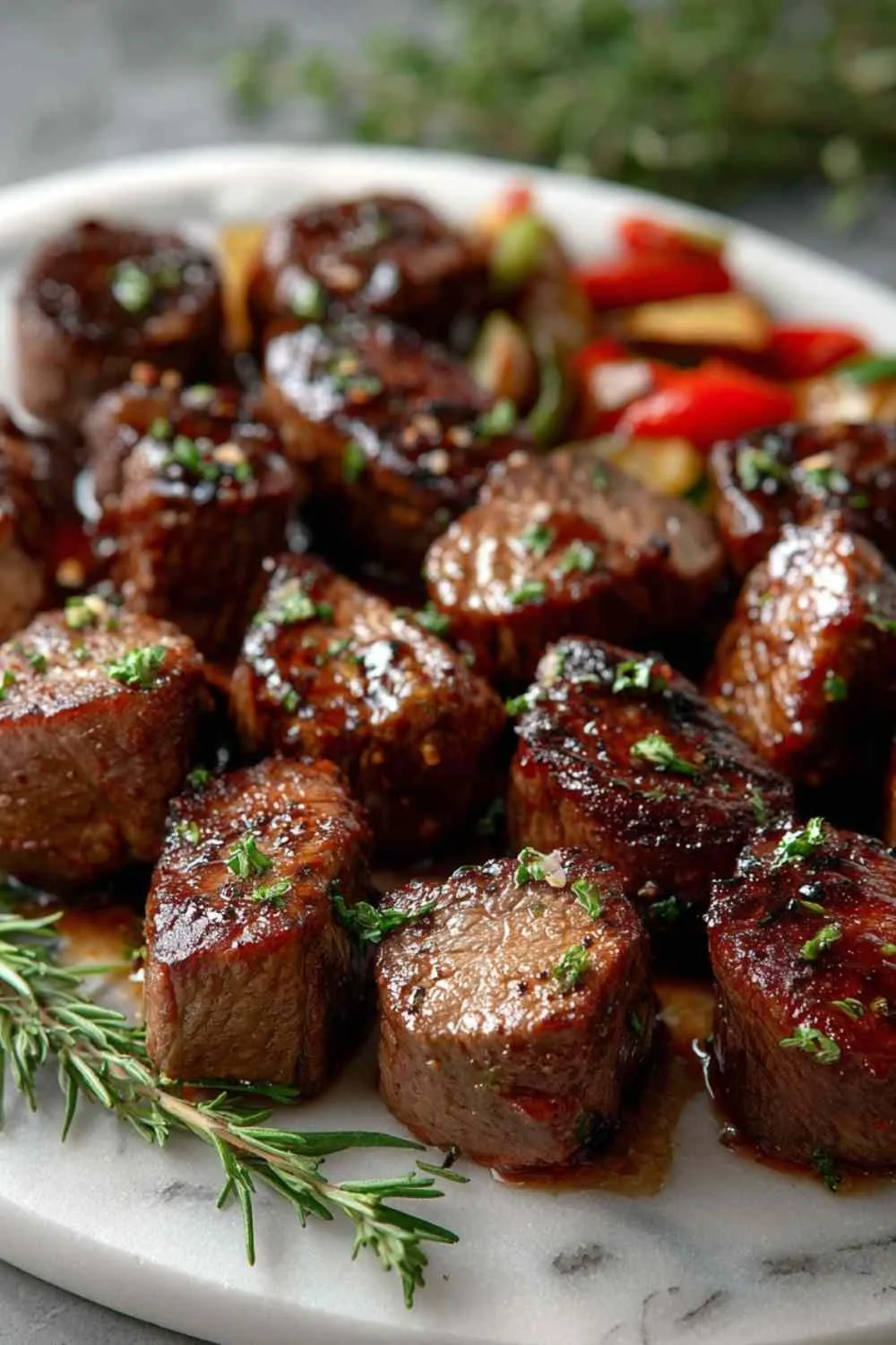 Close up of firecracker steak bites showing caramelized glaze coating