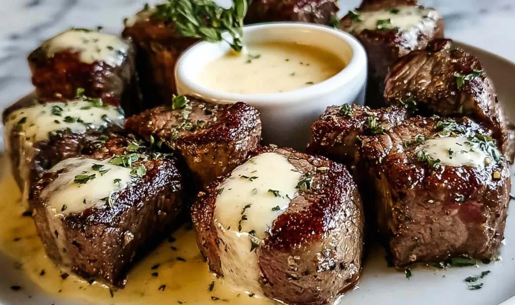 Steak bites searing in garlic butter in large skillet