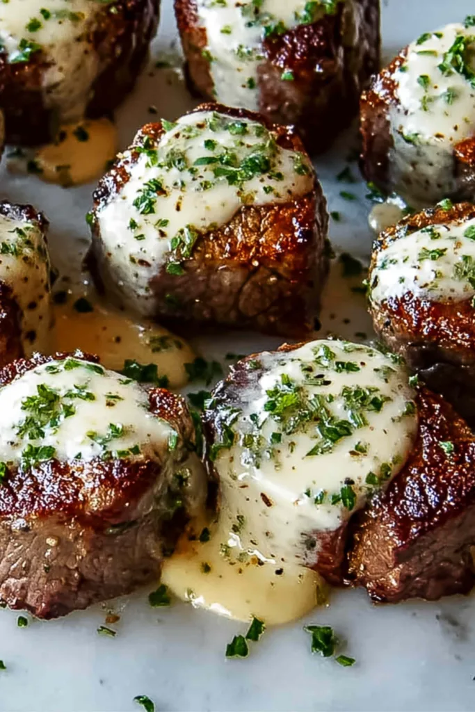 Garlic butter steak bites with Parmesan cream sauce served over mashed potatoes