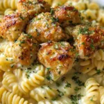 Rotini pasta being tossed in creamy Parmesan garlic sauce in a large skillet