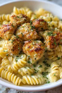 Rotini pasta being tossed in creamy Parmesan garlic sauce in a large skillet