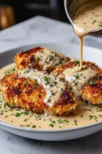 Garlic cream sauce being whisked in skillet with wooden spoon