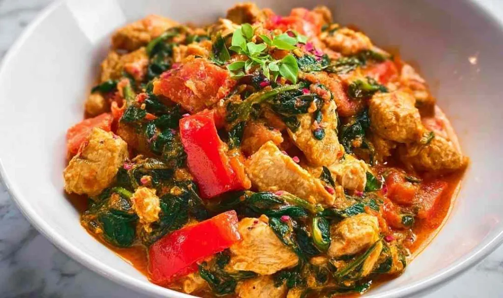 Ground turkey cottage cheese bowl with spinach in skillet ready to serve