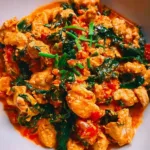 Ground turkey cottage cheese bowl with spinach in skillet ready to serve