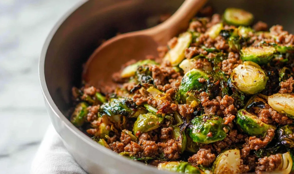 Caramelized brussels sprouts cooking in skillet with ground beef