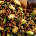 Ground beef and brussels sprouts served over white rice in bowl
