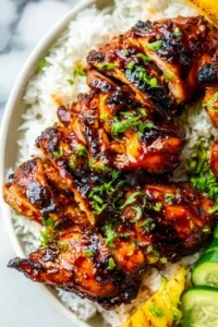 Hawaiian BBQ chicken served with coconut rice avocado and grilled vegetables