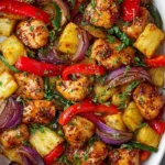 Plated Hawaiian chicken sheet pan meal served over rice with fresh herbs