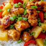 Plated Hawaiian Pineapple Chicken dinner with jasmine rice and fresh cilantro