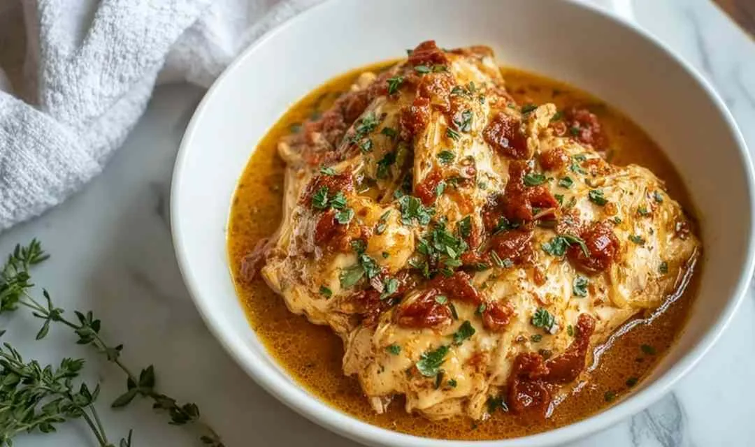 High protein crockpot marry me chicken in creamy cottage cheese sauce with sun-dried tomatoes and fresh basil