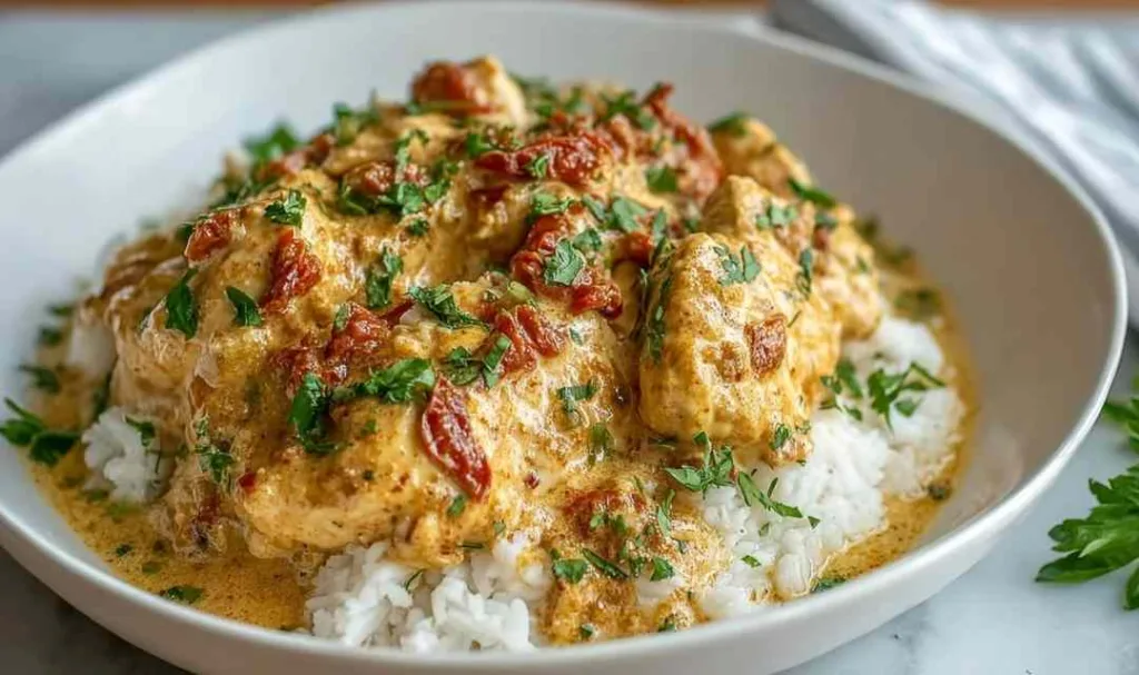 Marry me chicken portioned in meal prep containers with cauliflower rice