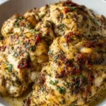 Plated high protein marry me chicken served over cauliflower rice with roasted asparagus