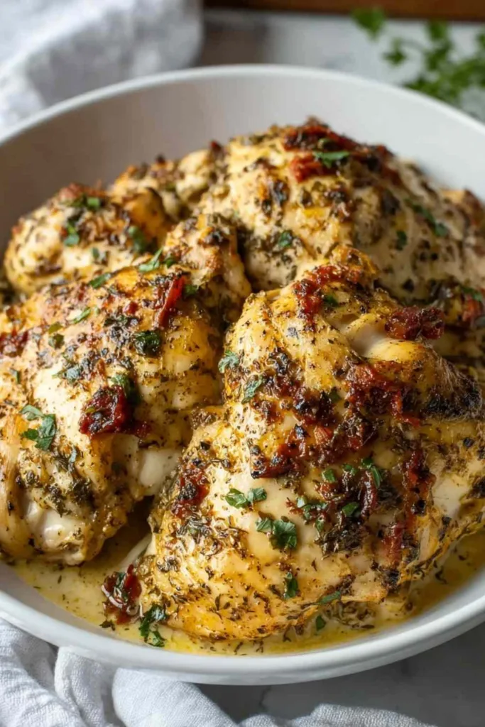 Plated high protein marry me chicken served over cauliflower rice with roasted asparagus