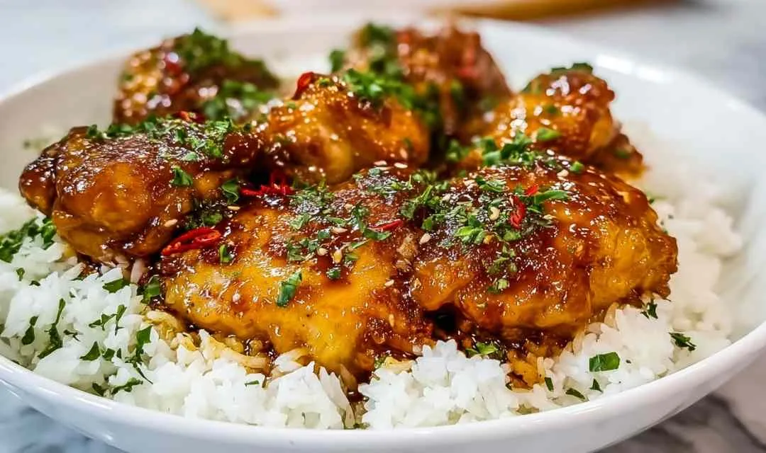 Sticky Honey Garlic Chicken Thighs with Soy Sauce and Rice