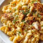 Close up of fork lifting creamy Honey Pepper Chicken Mac and Cheese with cheese pull