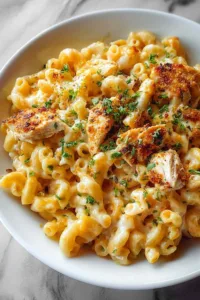 Close up of fork lifting creamy Honey Pepper Chicken Mac and Cheese with cheese pull