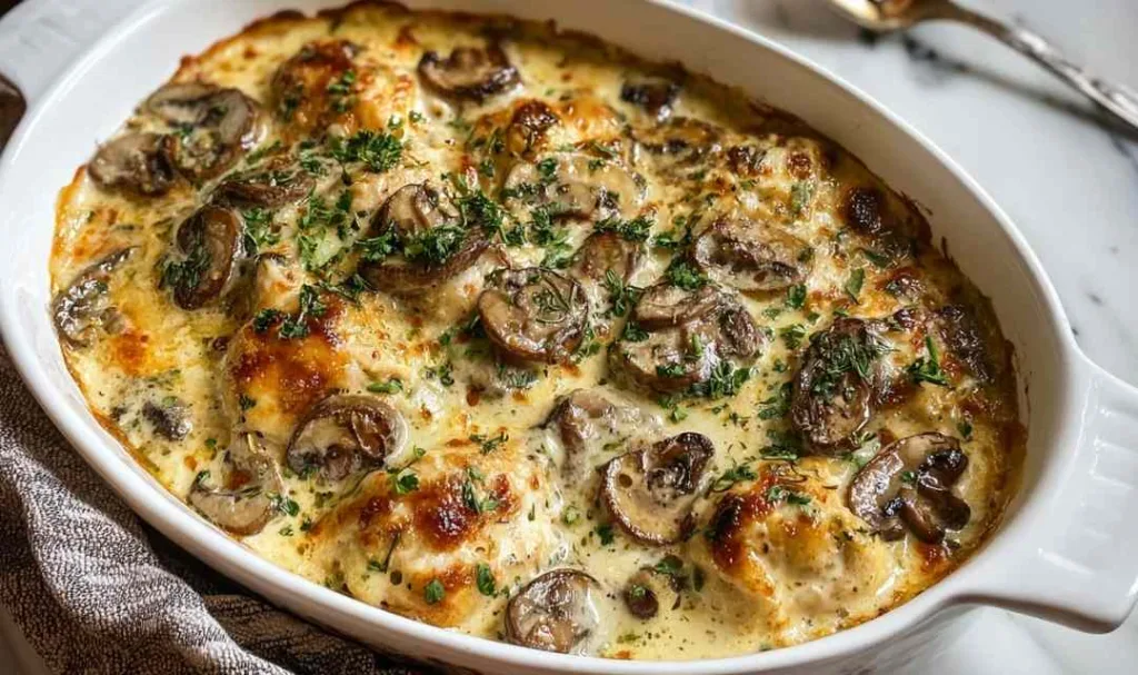 Keto Garlic Mushroom Chicken Casserole bubbling in white dish with golden cheese top