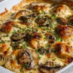 Keto Garlic Mushroom Chicken Casserole bubbling in white dish with golden cheese top