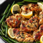 Fresh ingredients for lemon garlic butter chicken recipe including green beans chicken thighs and butter