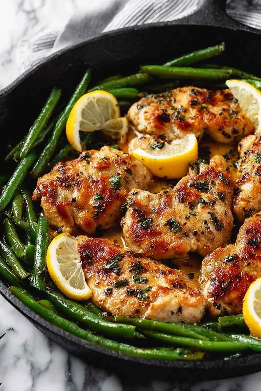 Fresh ingredients for lemon garlic butter chicken recipe including green beans chicken thighs and butter