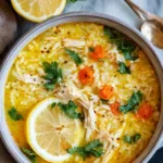 Lemon Ginger Turmeric Chicken and Rice Soup served with crusty bread