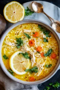 Lemon Ginger Turmeric Chicken and Rice Soup served with crusty bread