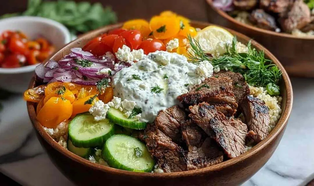 Marinated chicken thighs cooking in skillet for Mediterranean Gyro Bowls