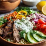 Homemade tzatziki sauce with fresh dill and cucumber for gyro bowls