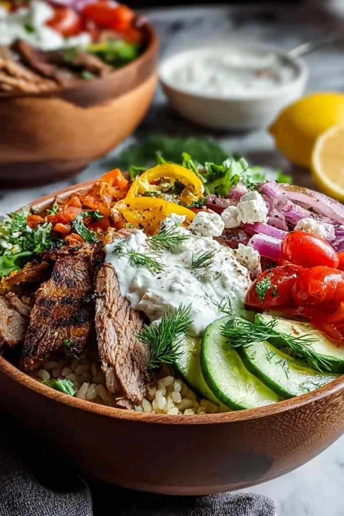 Homemade tzatziki sauce with fresh dill and cucumber for gyro bowls