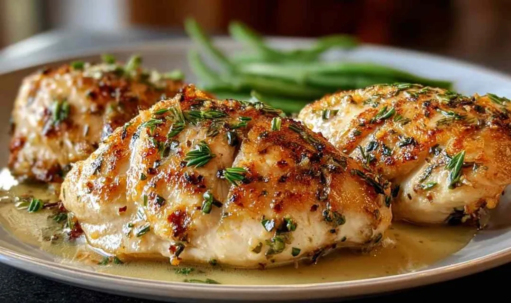 Melt in your mouth chicken breast with golden crust on white plate