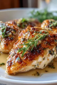 Melt in your mouth chicken breast with golden crust on white plate