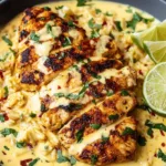 Mexican chicken with cheese sauce served with rice and vegetables