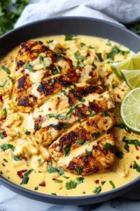 Mexican chicken with cheese sauce served with rice and vegetables