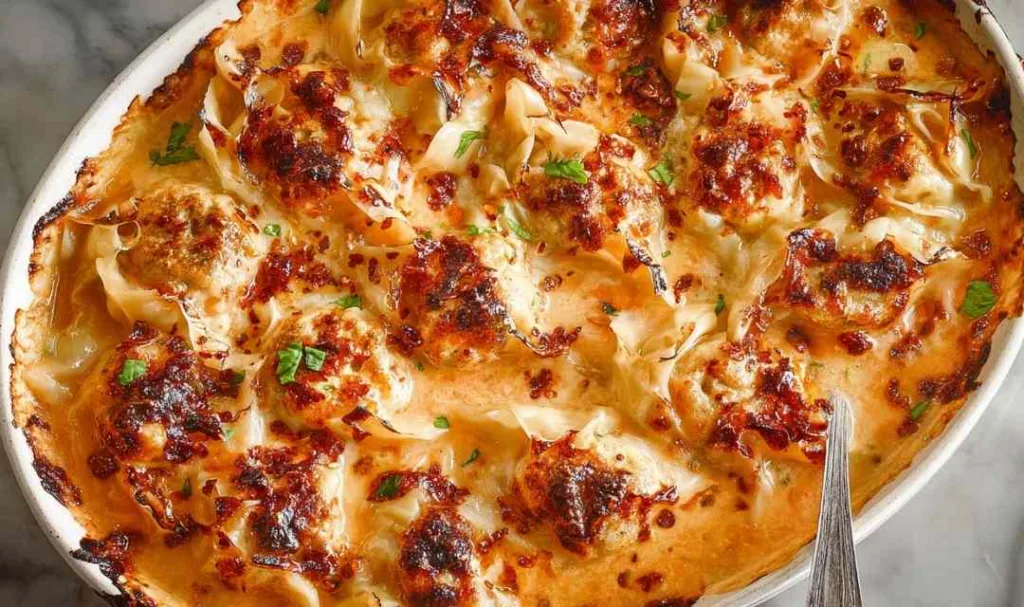 One pan baked dumplings in creamy coconut curry sauce topped with cilantro and chili crunch